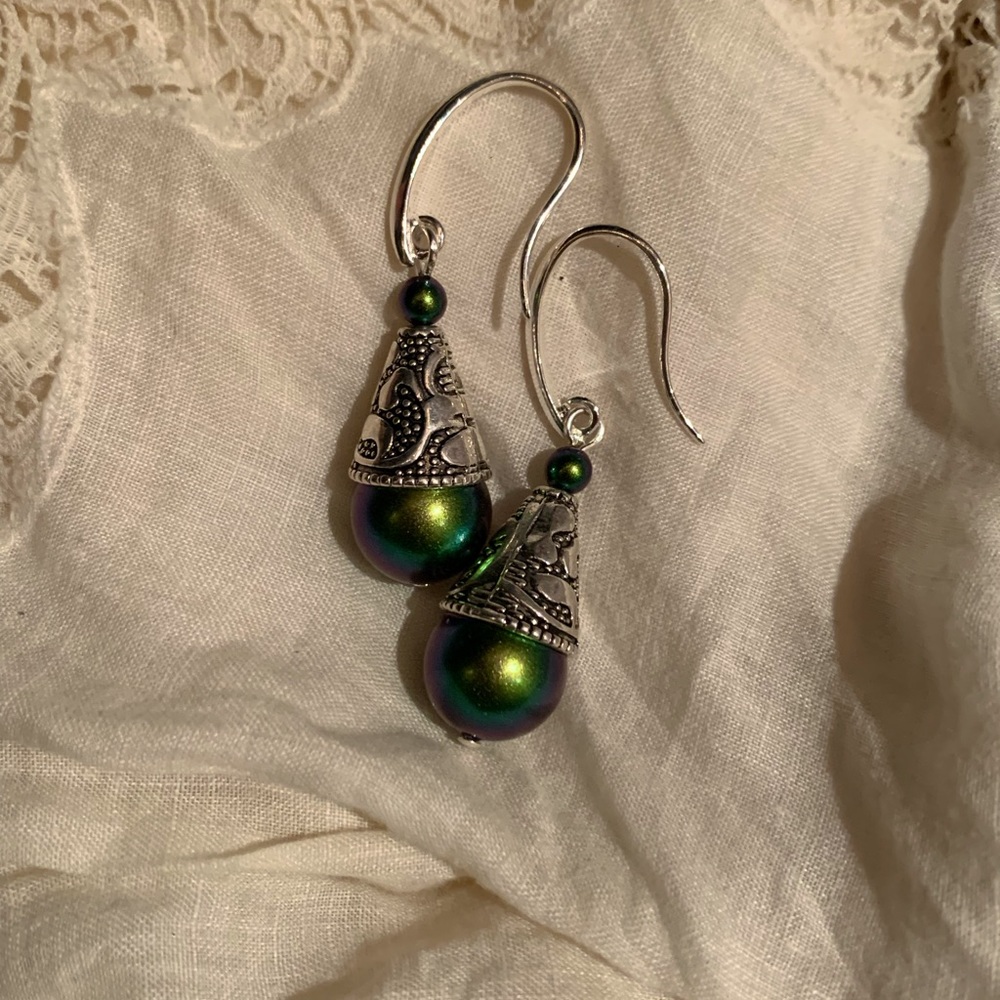 Brand new, never worn, green and silver Victorian style statement earrings